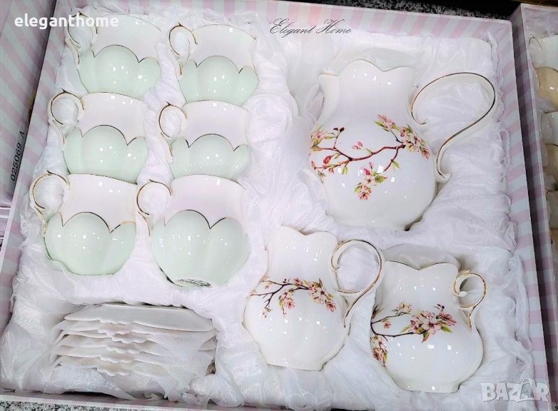 Луксозен порцеланов сервиз - 6 броя чаши за чай/кафе/капучино с чинийки - 1 брой чайник с капак -1 б, снимка 1