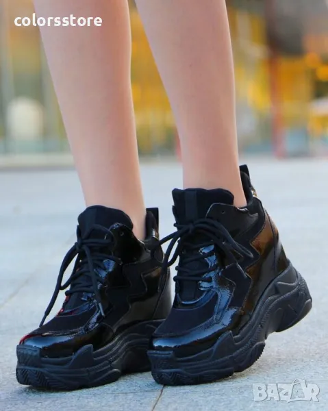 Кецове на платформа - черен лак и велур - PJN90, снимка 1