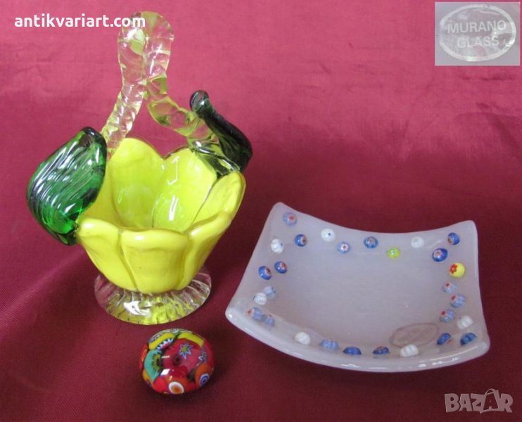 Стари Морано Кристално Стъкло Лот 3 броя Кошничка и Чинийка, снимка 1