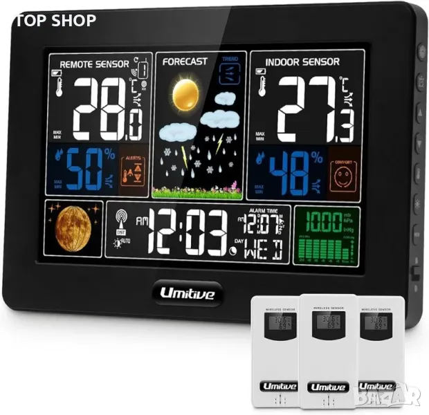Метеорологична станция Umitive Вътрешна външна безжична с 3 сензора, цифров цветен екран,, снимка 1