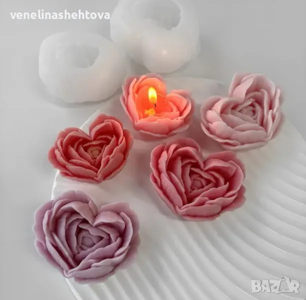 3D Средна роза сърце Силиконов молд форма за свещи гипс шоколад , снимка 1