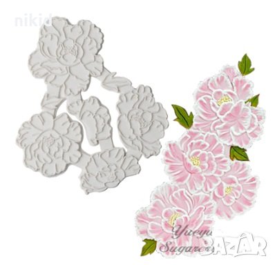 4 релефни контур божур с листа силиконов молд щампа печат форма за торта украса фондан, снимка 1