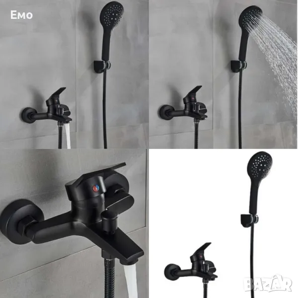 Смесител за баня и душ, черен мат, за вана, с две функции и стенен монтаж, снимка 1