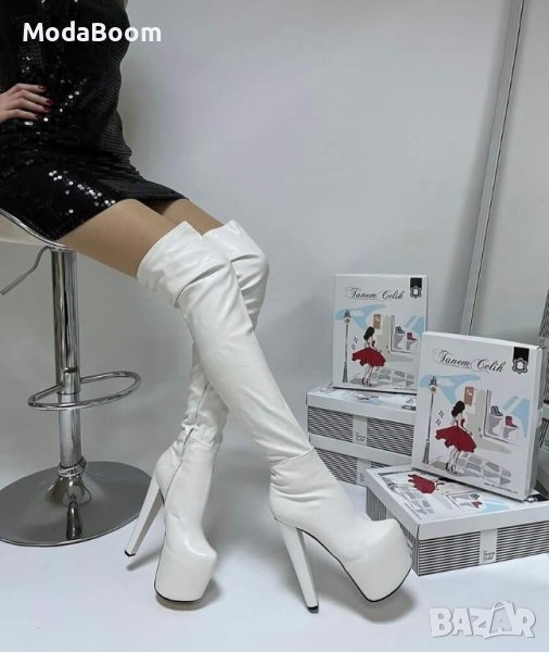 🤍Луксозни дамски чизми на ток с бял лак🤍, снимка 1