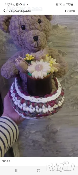 букет от свещи,плетени играчки и цветя, снимка 1