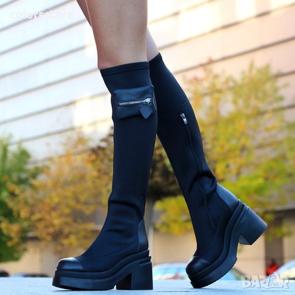 Ботуши на ток - черен стреч и кожа - BD100, снимка 1