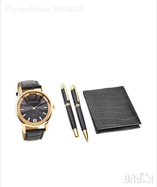 Pierre Cardin - Часовник с кожена каишка, портфейл, химикалка и молив, Черен, снимка 1