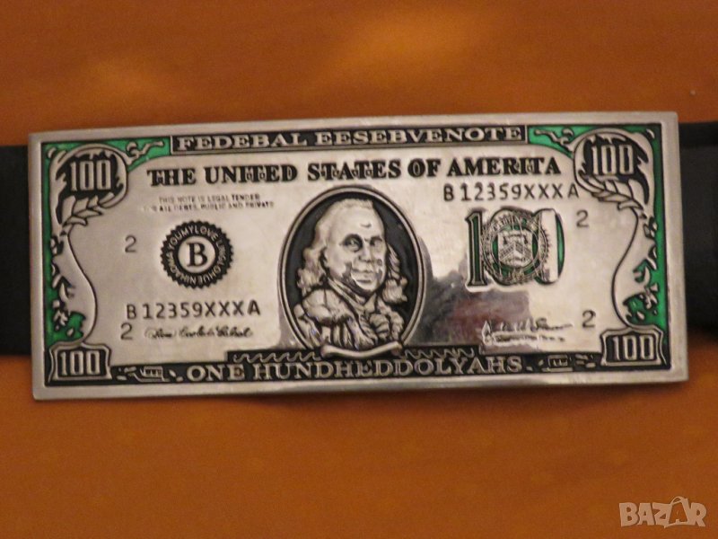 Уникален мъжки кожен колан със солидна катарама 100 долара, американски долар, снимка 1