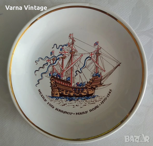 Рядка колекционерска порцеланова малка чиния Военен кораб Хенри VIII Мери Роуз 1510-1545. Англия, снимка 1
