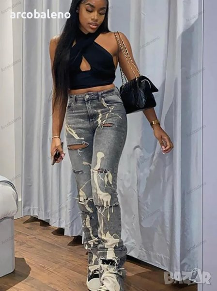 Дамски вталени дънки с цип и висока талия, снимка 1