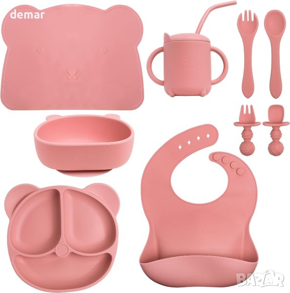 Baby Eats® Силиконов комплект за хранене на бебета 9 части (розов), снимка 1