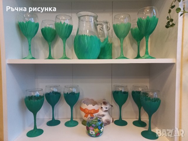 Комплекти чаши и кана в щрихи зелено, снимка 7 - Декорация за дома - 43741426