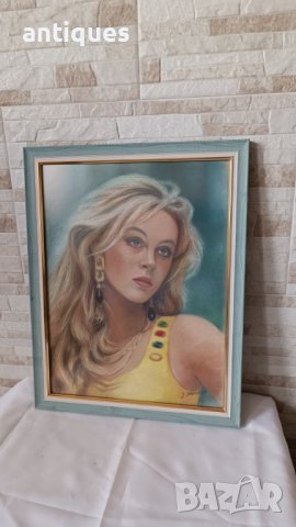 Картина "Жена" - пастели върху картон - J.Metodiev - 48/38см, снимка 4 - Антикварни и старинни предмети - 43581835