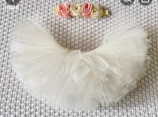 кремава и бяла туту пола пачка поличка и лента с пандела за глава за бебе фотосесия фото декор, снимка 8 - Други - 19343125