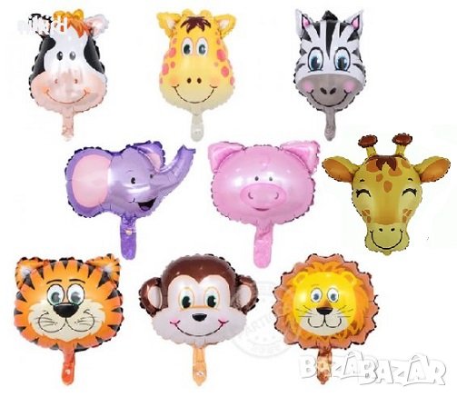 глава сафари зоо диви животни тигър слон маймуна прасе лъв коте крава зебра жираф фолиев балон