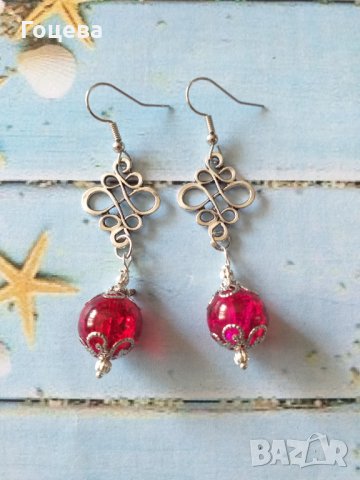  Прекрасни обици в рубинено червено с красиви орнаменти в цвят Сребро , снимка 1