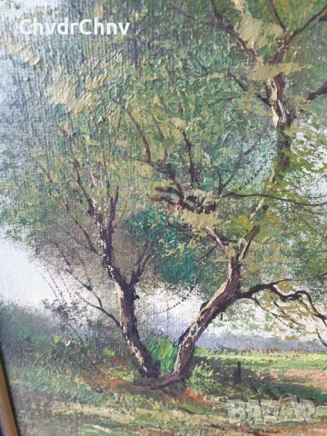 33х38см/малка стара картина масло върху платно/пейзаж-къща-дърво-път/дървена рамка, снимка 5 - Картини - 50474186