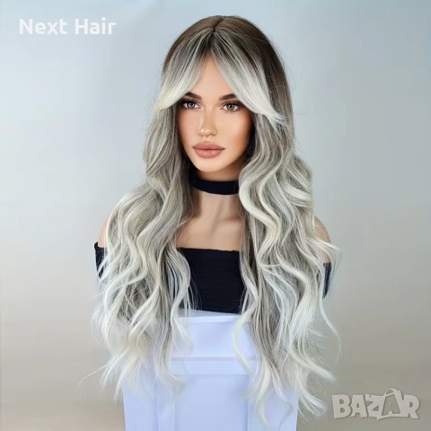 Чуплива сребристо-сива омбре перука с тъмни корени и дълъг бретон 65 см, снимка 7 - Аксесоари за коса - 53522743