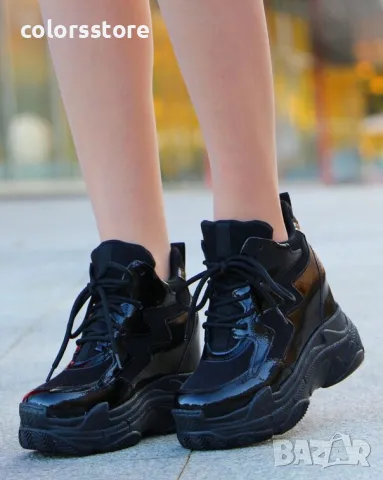 Кецове на платформа - черен лак и велур - PJN90