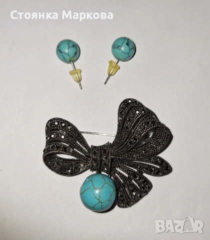 Ново колие-тюркоаз-ръчна изработка+брошка и обеци, снимка 5 - Колиета, медальони, синджири - 49237846