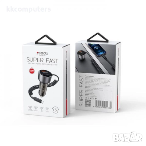 12V Зарядно за автомобил Yesido Y57 / USB 30W , PD 30W / с кабел Lightning(iPhone) / Черен / Баркод , снимка 2 - Зарядни за кола - 52172721