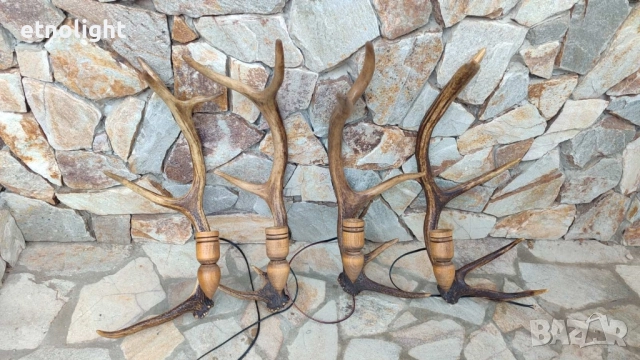 Стенна лампа -аплик с рога и ръчно изработена дървена чашка , снимка 4 - Лампи за стена - 47195189