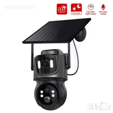 Външна камера с 2 лещи 4MP ICSee соларна камера широкоъгълна WIFI, снимка 5 - Камери - 50543846