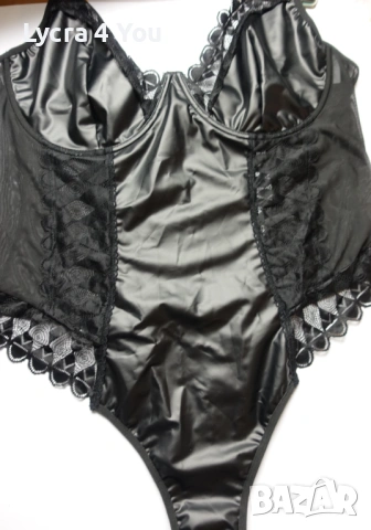 XL ново черно боди с еко кожа, дантела и тюл, снимка 4 - Бельо - 53375863