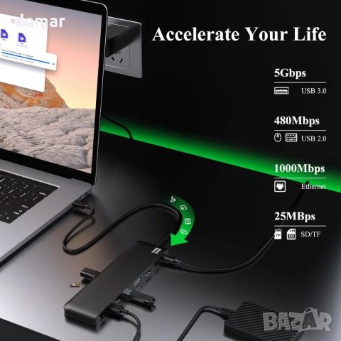 Докинг станция Minthouz, 12 в 1 USB C, VGA+HDMI+DP, 4*USB-A, снимка 7 - Кабели и адаптери - 52264321