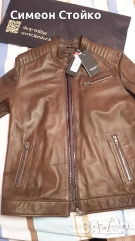 Чисто ново кожено яке размер Л - 52. Естествена кожа. Кафяво, спортен, втален силует.