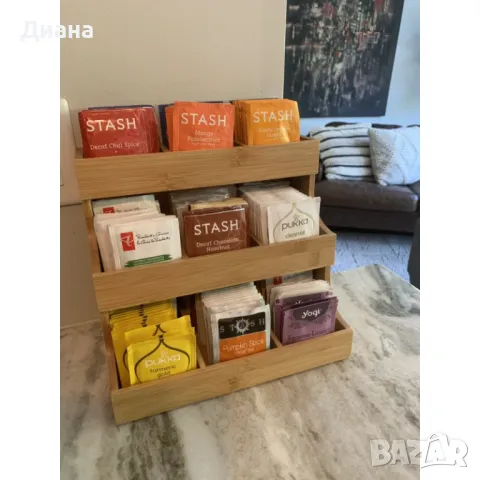 Вертикална кутия органайзер поставка за подреждане на 180 пакетчета чай – от бамбук, снимка 1