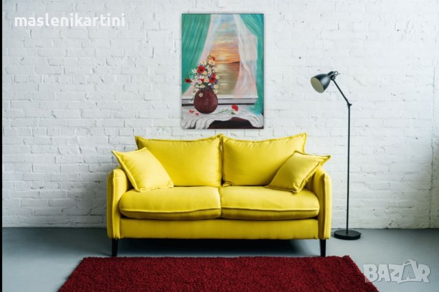 Ваза с полски цветя на перваза на фона на морския залез маслена картина, снимка 2 - Картини - 37347752