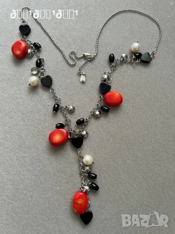 Италианско сребърно колие с естествени камъни Корал, Перла, Оникс , снимка 6 - Колиета, медальони, синджири - 52569660