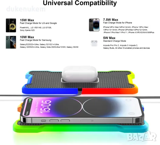 Безжично зарядно за телефон за кола RGB, Samsung iPhone, снимка 4 - Резервни части за телефони - 47873759