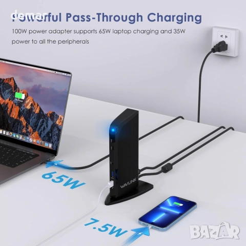 WAVLINK 13-в-1 USB-C докинг станция за три монитора, 4K HDMI, 2K HDMI, DVI, 4xUSB 3.0, 2xUSB C, снимка 5 - Кабели и адаптери - 53402136
