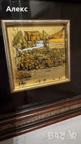 Винтидж малка картина, златно фолио– Италия, подпис., снимка 2 - Картини - 49047560