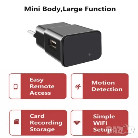 Скрита Камера Зарядно Адаптер FHD, шпионска камера Wi-Fi нощно виждане, снимка 7 - HD камери - 52164194