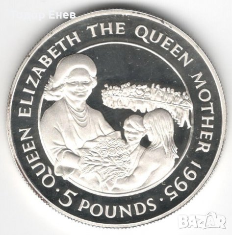 Alderney-5 Pounds-1995-KM# 14a-Queen Mother receiving flower-Silver Proof, снимка 1 - Нумизматика и бонистика - 37297606