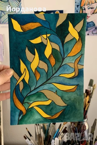 Авторски акварел “Златен лист”, снимка 4 - Картини - 50898790