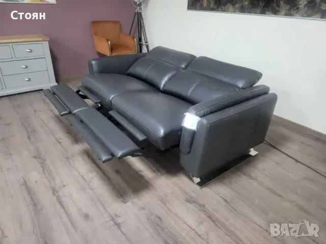 ПРОМОЦИЯ!!! Сив кожен диван тройка с ел. релакс механизъм "Sandro", снимка 2 - Дивани и мека мебел - 47582431