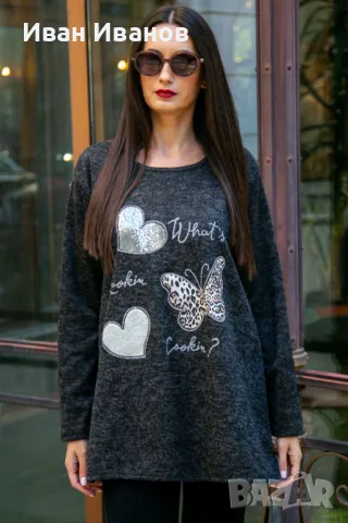Макси дамска блуза с щампи на пеперуда и сърца 9648, снимка 5 - Блузи с дълъг ръкав и пуловери - 47701159