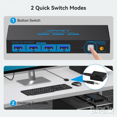 HDMI KVM превключвател 2 компютъра 1 монитор Поддръжка на 4K@60Hz USB 3.0, снимка 5 - Кабели и адаптери - 44014648