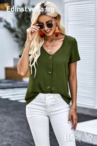 Дамска блуза в зелено с къс ръкав и копчета, снимка 4 - Тениски - 40517994