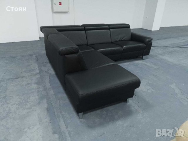 Черен кожен ъглов диван "Boreas" с релаксиращ механизъм, снимка 5 - Дивани и мека мебел - 39394554