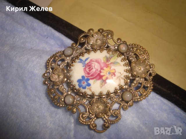 СТАРА ФИЛИГРАННА БРОНЗОВА СКЪПОЦЕННА ПРЕКРАСНА АР НУВО БРОШКА РИСУВАН ПОРЦЕЛАН 27913, снимка 3 - Антикварни и старинни предмети - 37127839