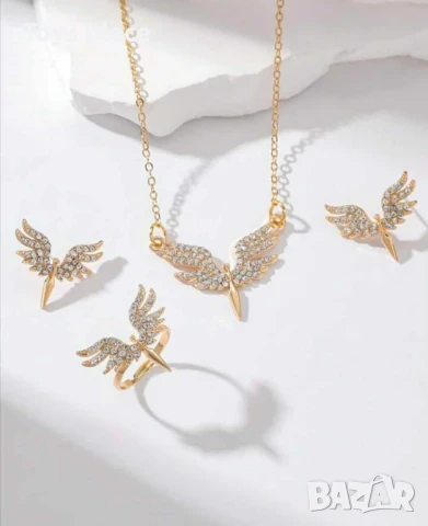 Комплект 3 части ангелски крила колие, обеци и пръстен , снимка 2 - Бижутерийни комплекти - 50725724