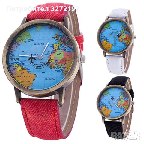 Кварцов часовник, модерен дизайн - циферблат географска карта, стрелка самолет , снимка 5 - Дамски - 40437438