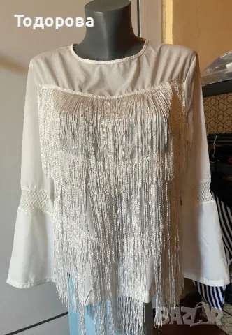 Официална бяла блуза с ресни отпред, снимка 1