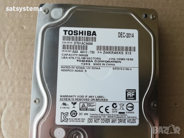 Хард диск Toshiba DT01ACA050 500GB SATA 6.0Gb/s, снимка 3 - Твърди дискове - 44913328