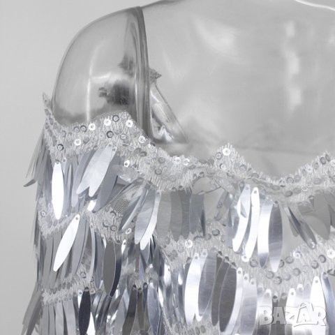 Сребриста бална абитуриентска официална къса рокля лукс с пера пайети, снимка 7 - Рокли - 26863745